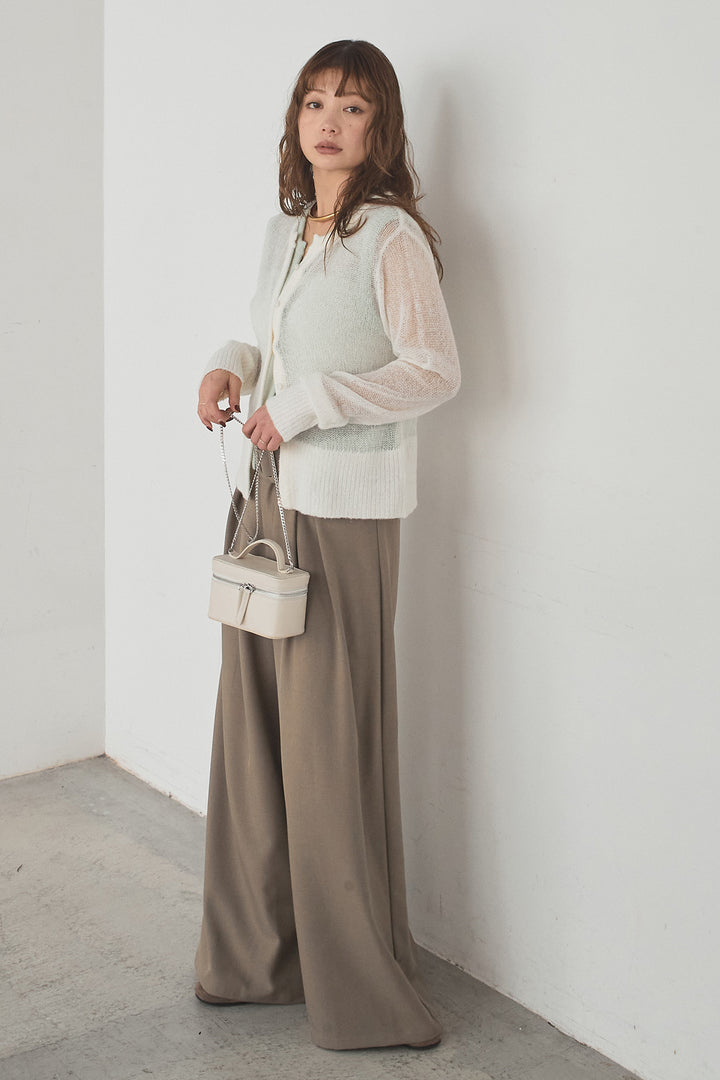 [SET]モヘア透かし編みレイヤードアンサンブルセット+ベルト付きツータックワイドパンツ(2set)
