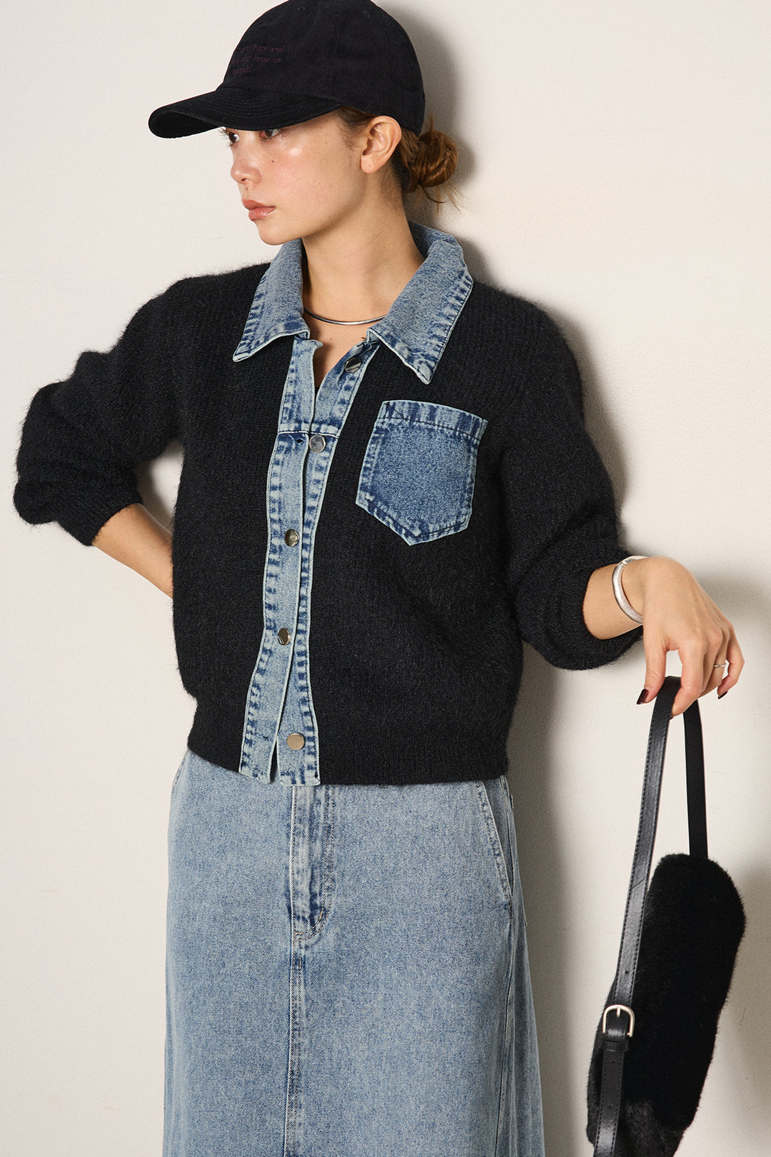 [SET]襟付きデニム切替ニットカーディガン+デニムロングフレアスカート(2set)