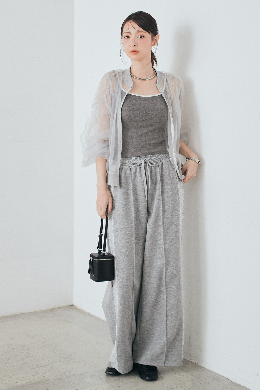 [SET]エアリーチュールスリーブシアーブルゾン+Wフェイスカットソーサイドレースラインパンツ(2set)