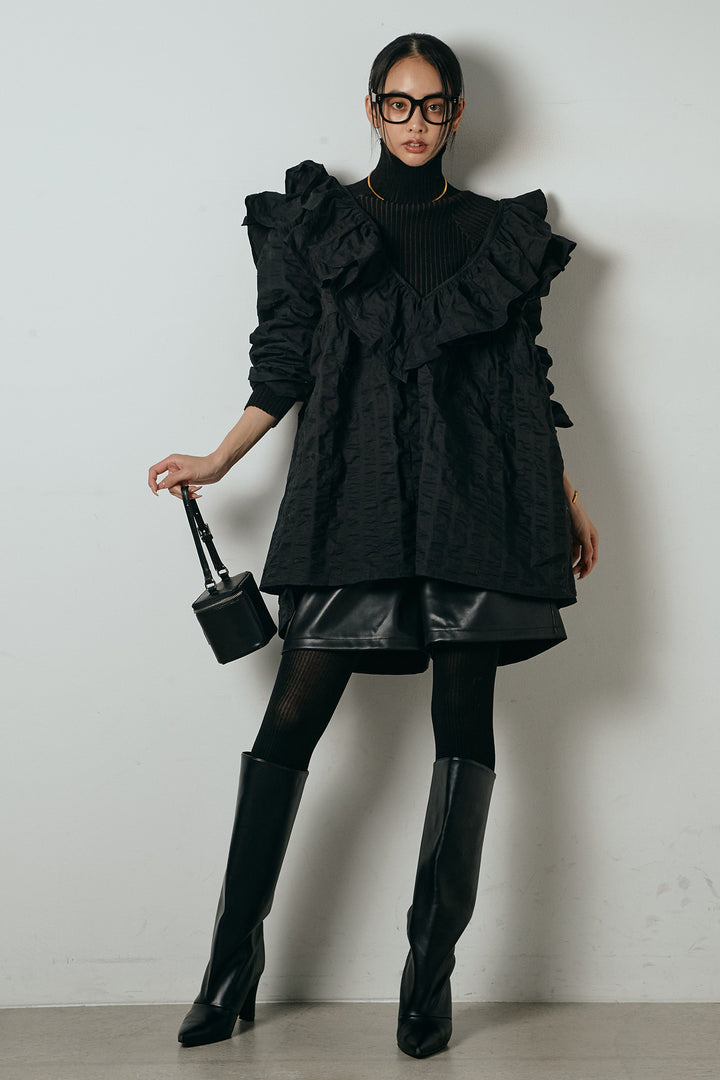 [SET]Vネックフリルカラーブラウス+ストレッチエコレザーバミューダパンツ(2set)