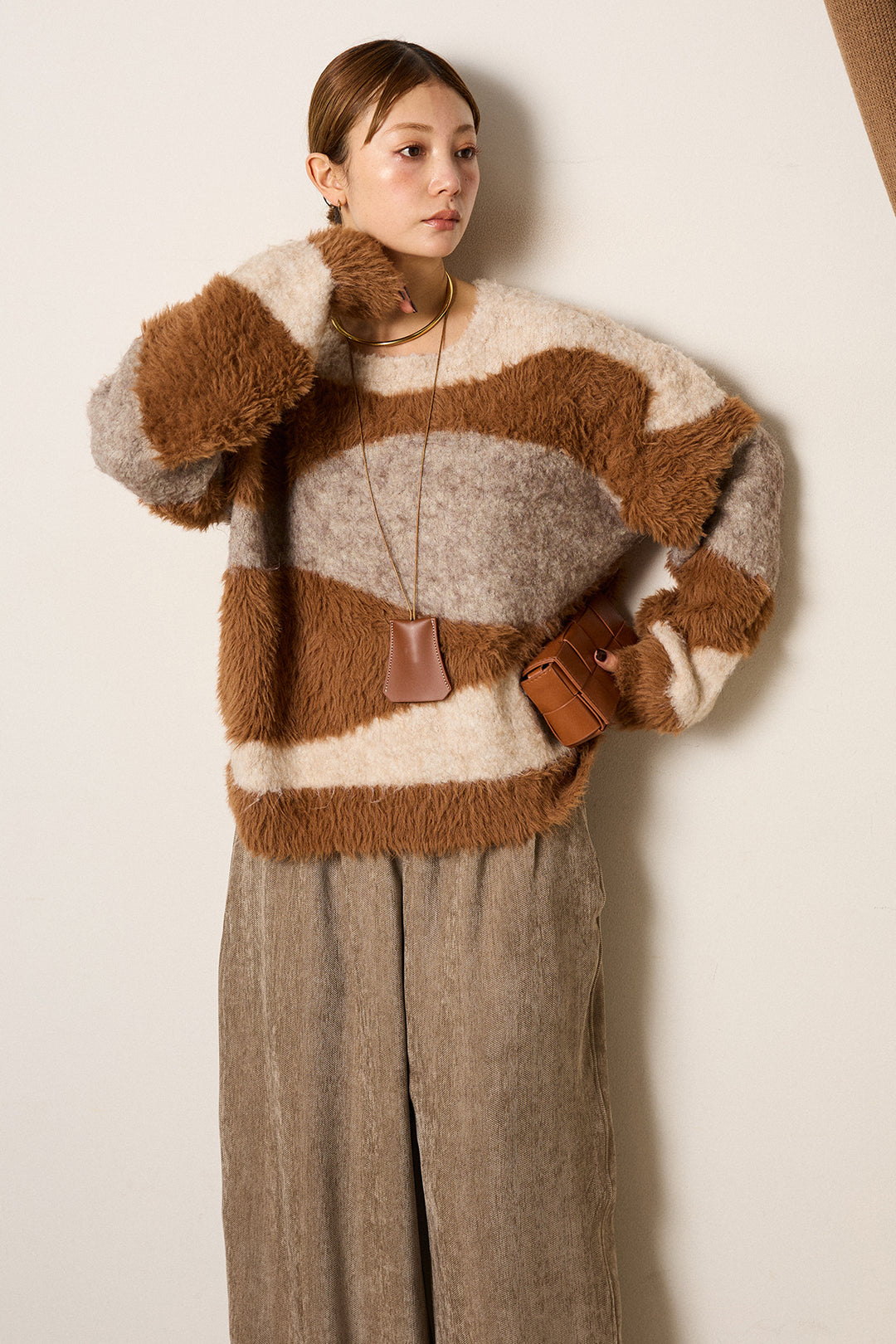 [SET]シャギーウェーブ柄クルーネックニットトップス+かすれデザインワイドパンツ(2set)