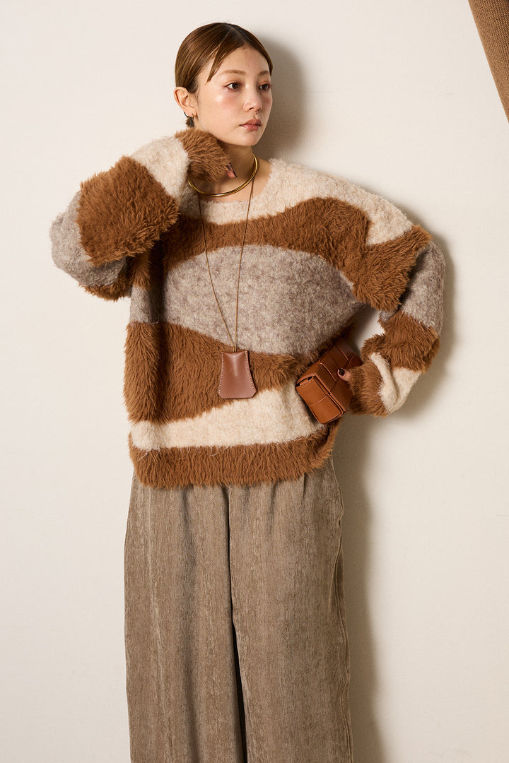 [SET]シャギーウェーブ柄クルーネックニットトップス+かすれデザインワイドパンツ(2set)