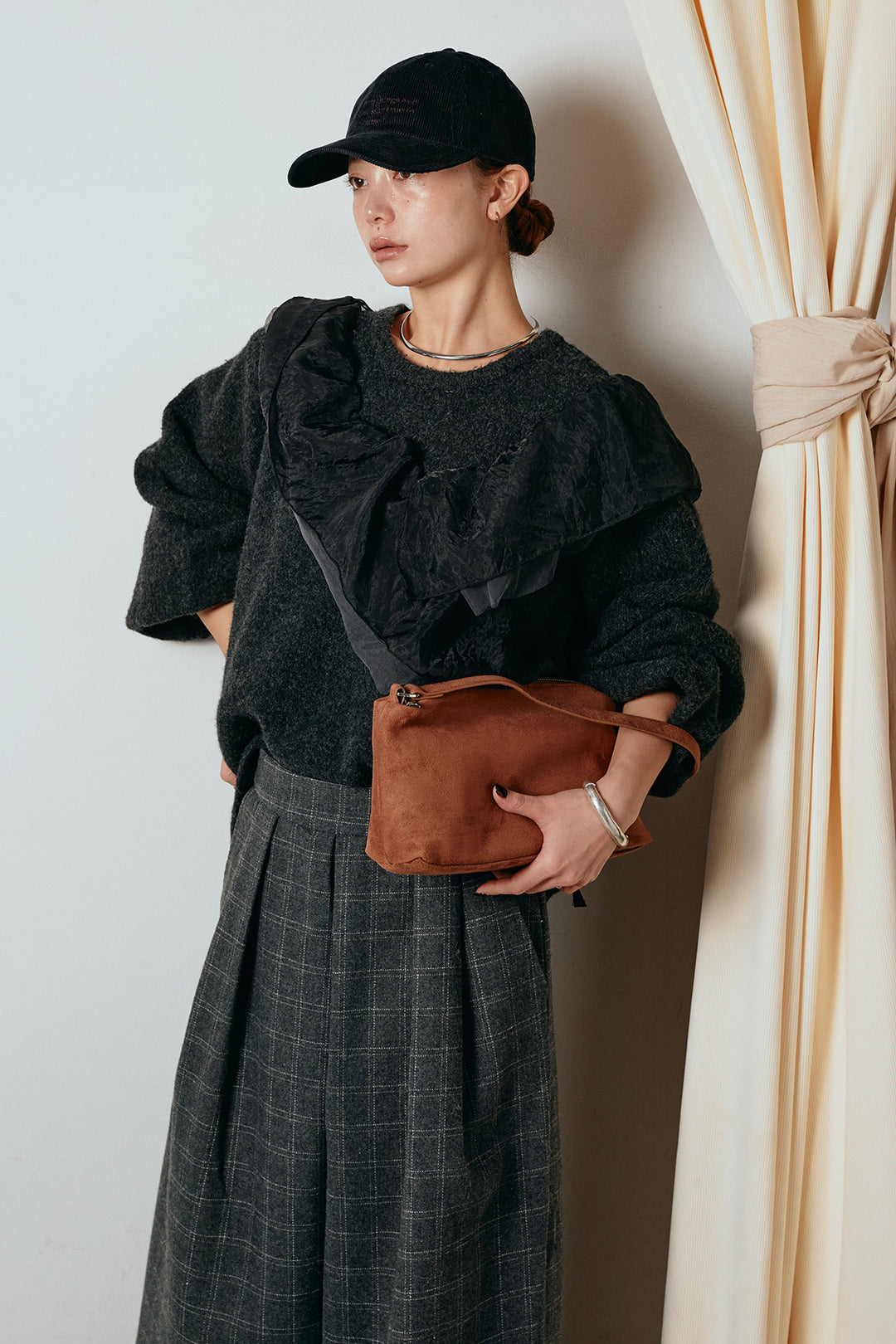 [SET]アシンメトリーフリルニットトップス+ウールライクチェックタックパンツ(2set)