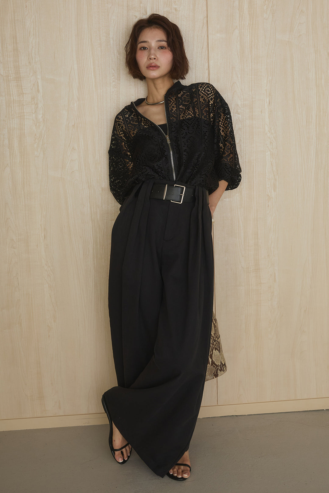 [SET]幾何レースブルゾン+ベルト付きビックループワイドパンツ(2set)