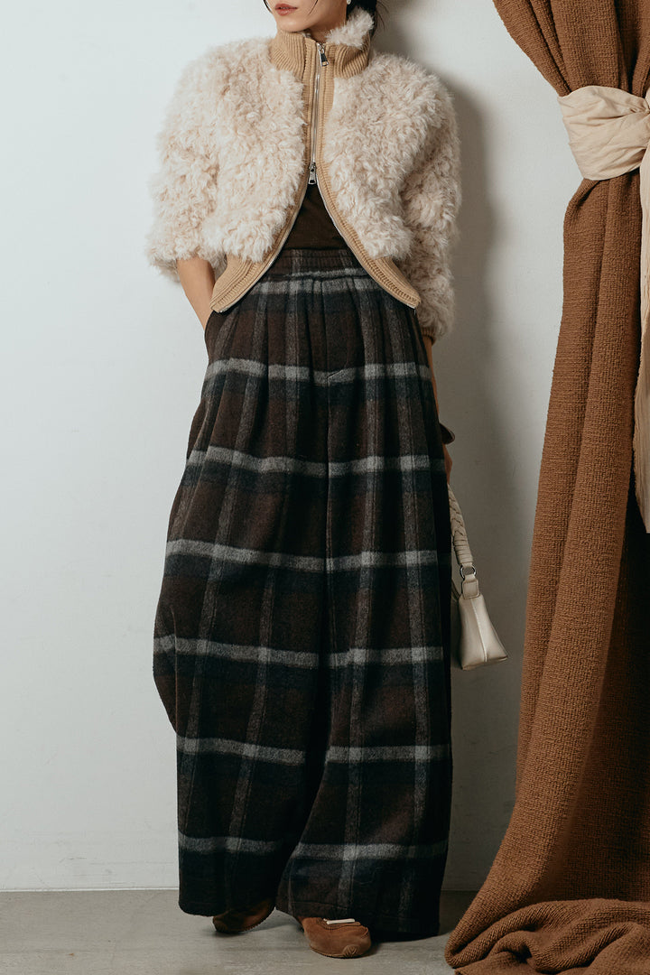 [SET]ハイネックショート丈ボアジップブルゾン+起毛タータンチェック柄ワイドパンツ(2set)