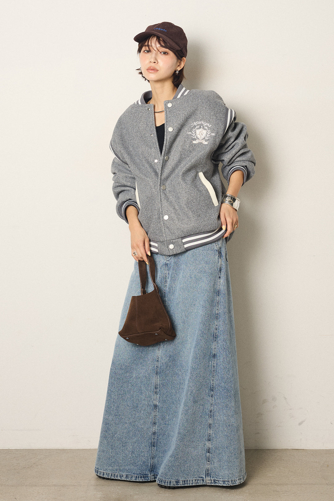 [SET]ワンポイントデザインブルゾン+デニムロングフレアスカート(2set)