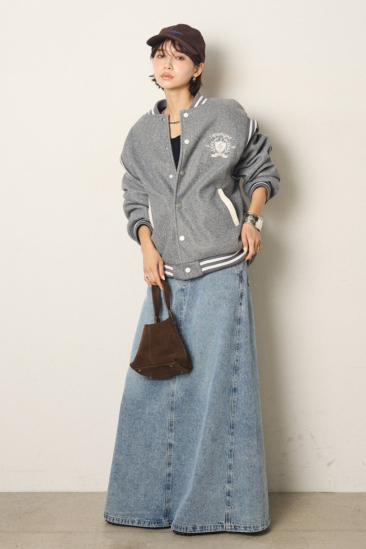[SET]ワンポイントデザインブルゾン+デニムロングフレアスカート(2set)