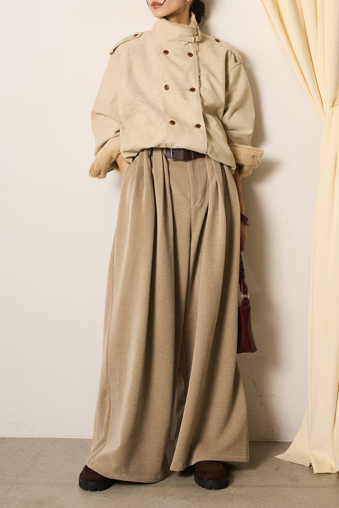[SET]スタンド襟スウェードライクアウター+ベルトループコーデュロイワイドパンツ(2set)