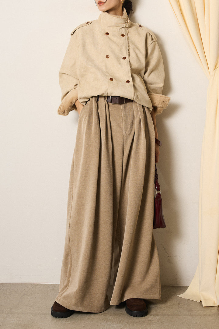 [SET]スタンド襟スウェードライクアウター+ベルトループコーデュロイワイドパンツ(2set)