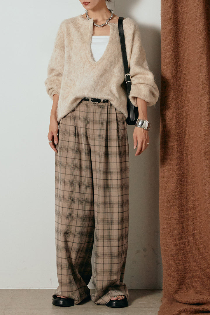 [SET]ミックスシャギー深Vニット+タック入りタータンチェックワイドパンツ(2set)