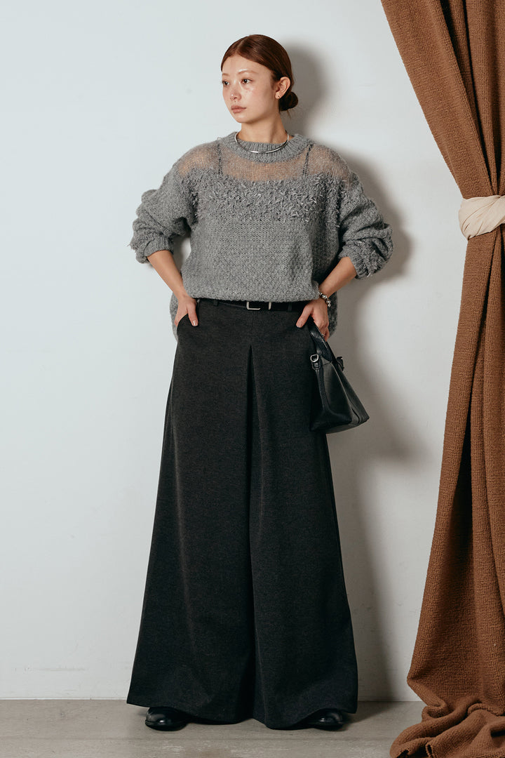 [SET]パターンランダム編みニットトップス+ベルト付きフロントタックデザインパンツ(2set)