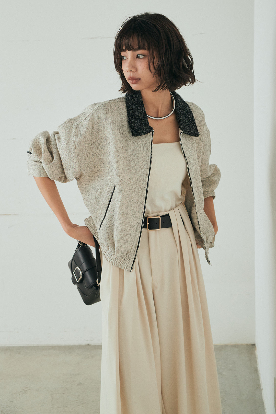 [SET]ツイード配色パイピングブルゾン+ベルト付きタックデザインハイウエストロングパンツ(2set)