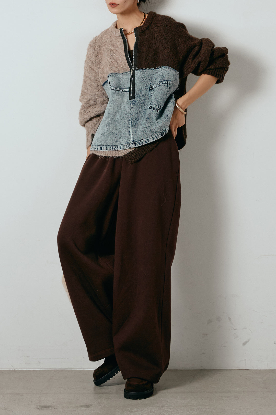 [SET]ハーフジップニットデニムドッキングトップス+裏起毛スウェットワイドパンツ(2set)