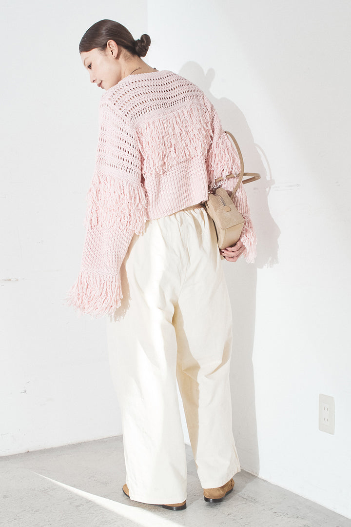 [SET]メッシュフリンジ切り替えプルオーバー+合繊ツイルスタンドウエスト巻きジョガーパンツ(2set)