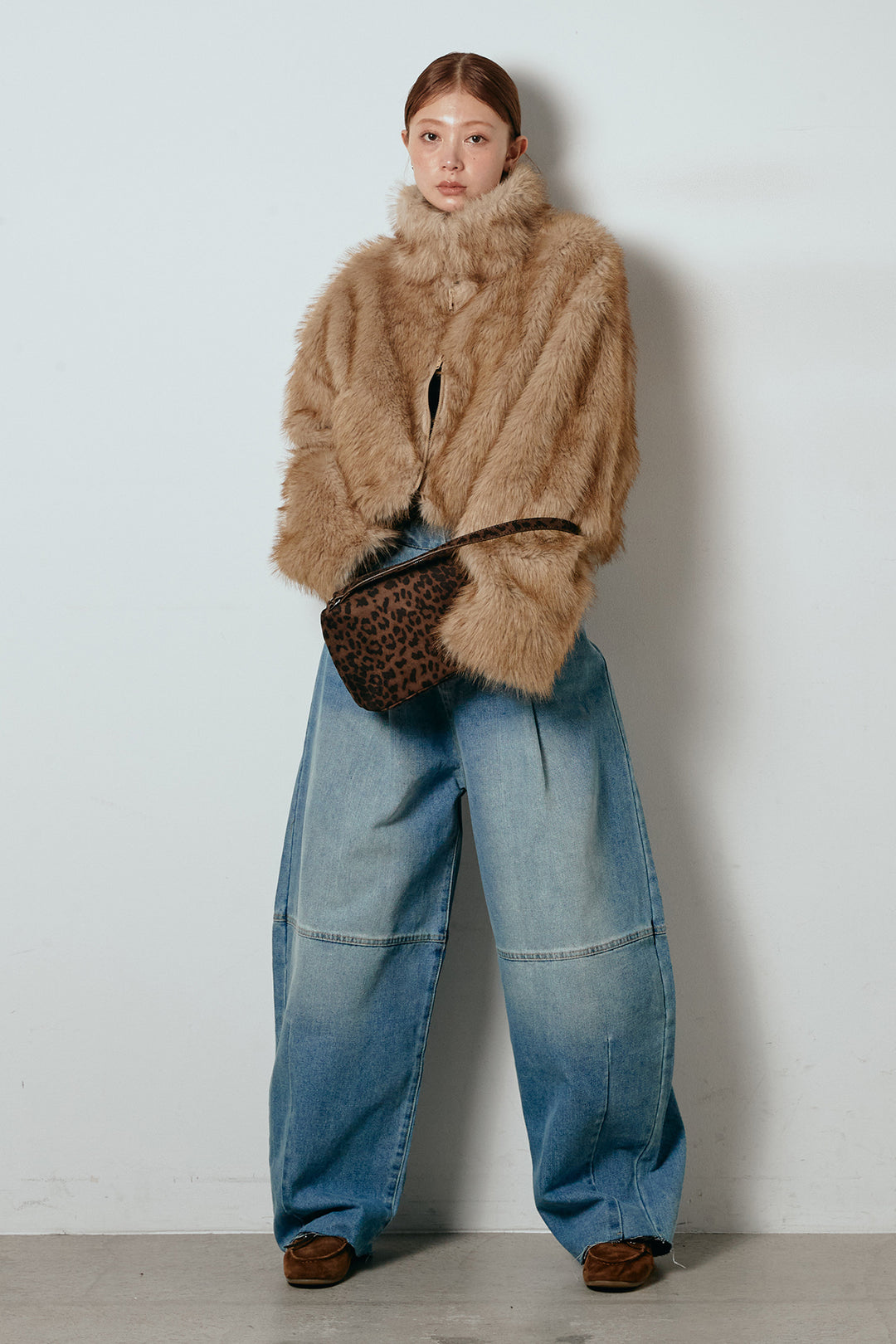 [SET]エコファーショート丈ブルゾン+加工デニムタックコクーンワイドパンツ(2set)