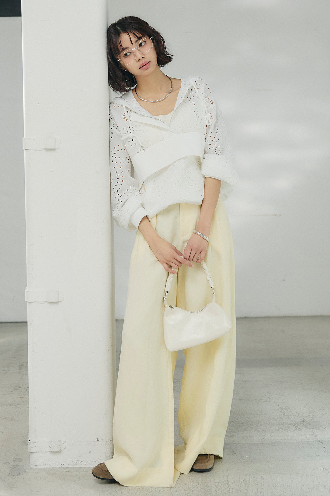 [SET]レースハーフジップアップフーディー+リネン混タックストレートワイドパンツ(2set)