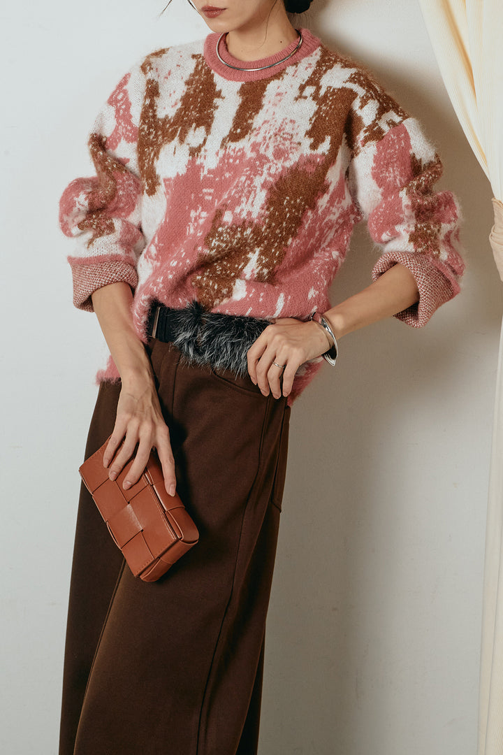 [SET]起毛ニュアンス柄ニットプルオーバー+ファーベルト付きワイドパンツ(2set)