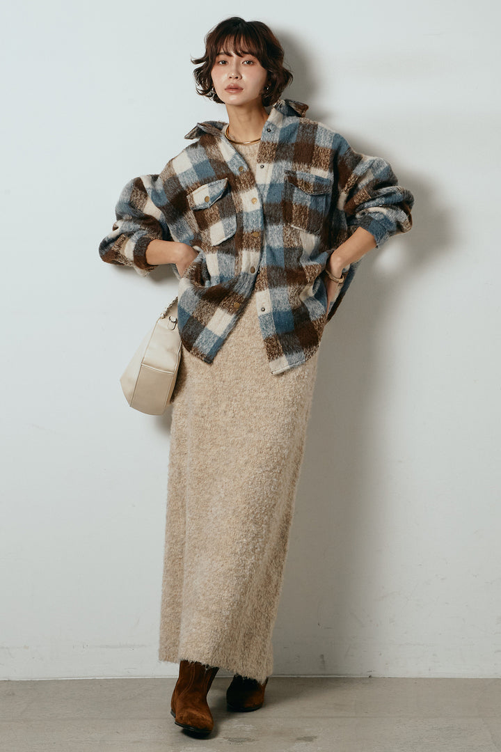 [SET]起毛チェック柄ポケットアウター+起毛ノースリーブニットロングワンピース(2set)