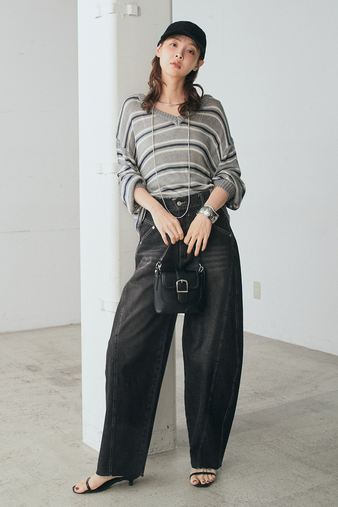 [SET]綿タッチVネックボーダートップス+デニムヨークパンツ(2set)