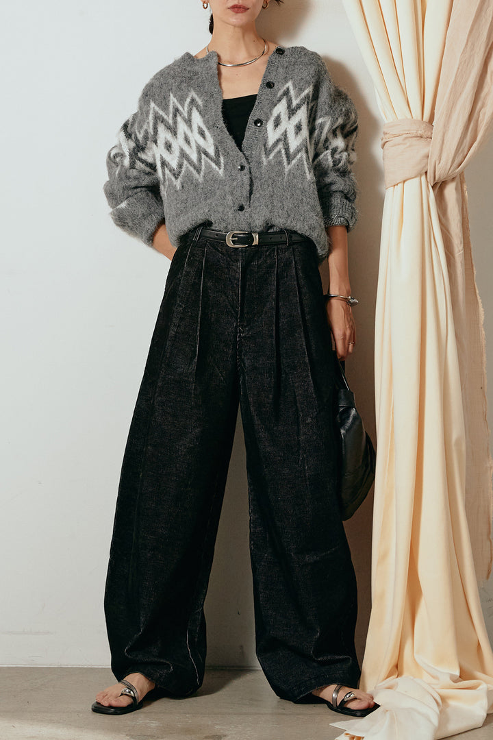 [SET]起毛ノルディック柄ニットカーディガン+フロントタック入りコーデュロイパンツ(2set)