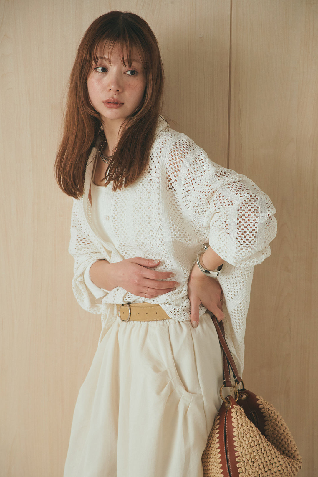 [SET]長袖襟付きレースシャツ+ポケットタックフォルムパンツ(2set)