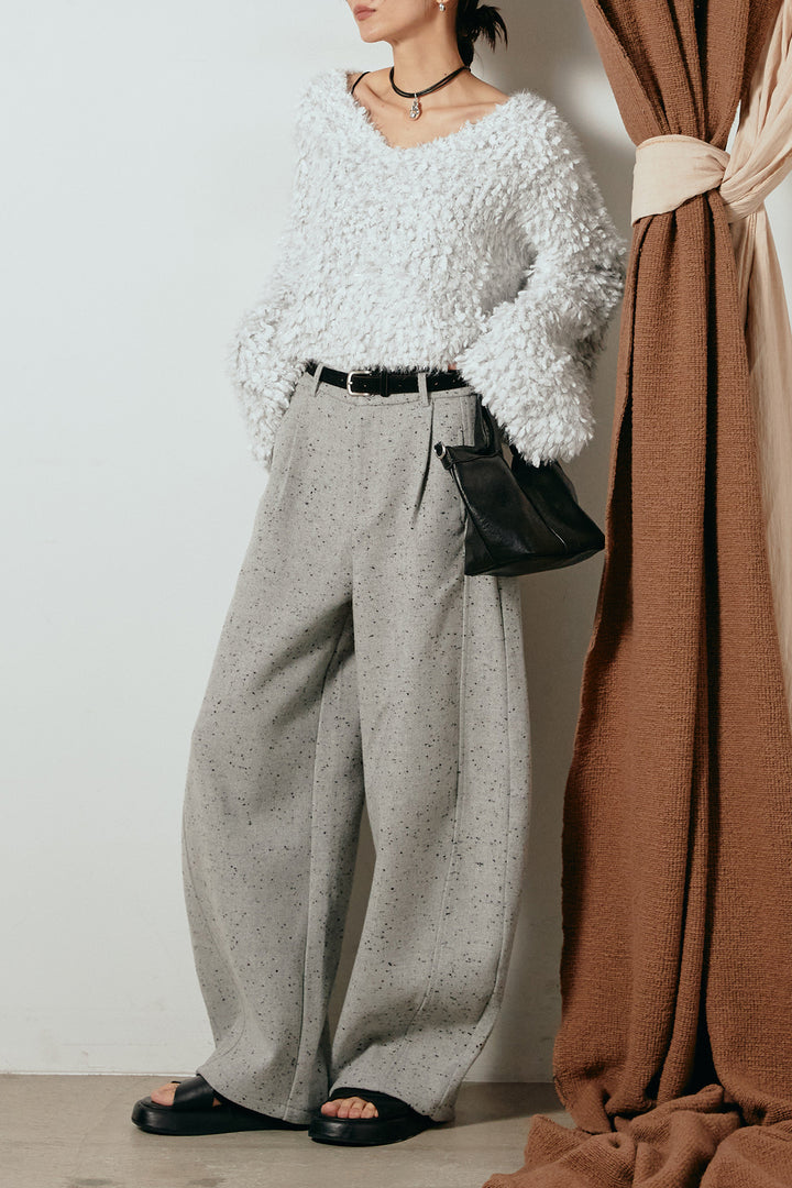 [SET]深Vネックチョウチョヤーンニットトップス+ベルト付きネップツイードカーブパンツ(2set)