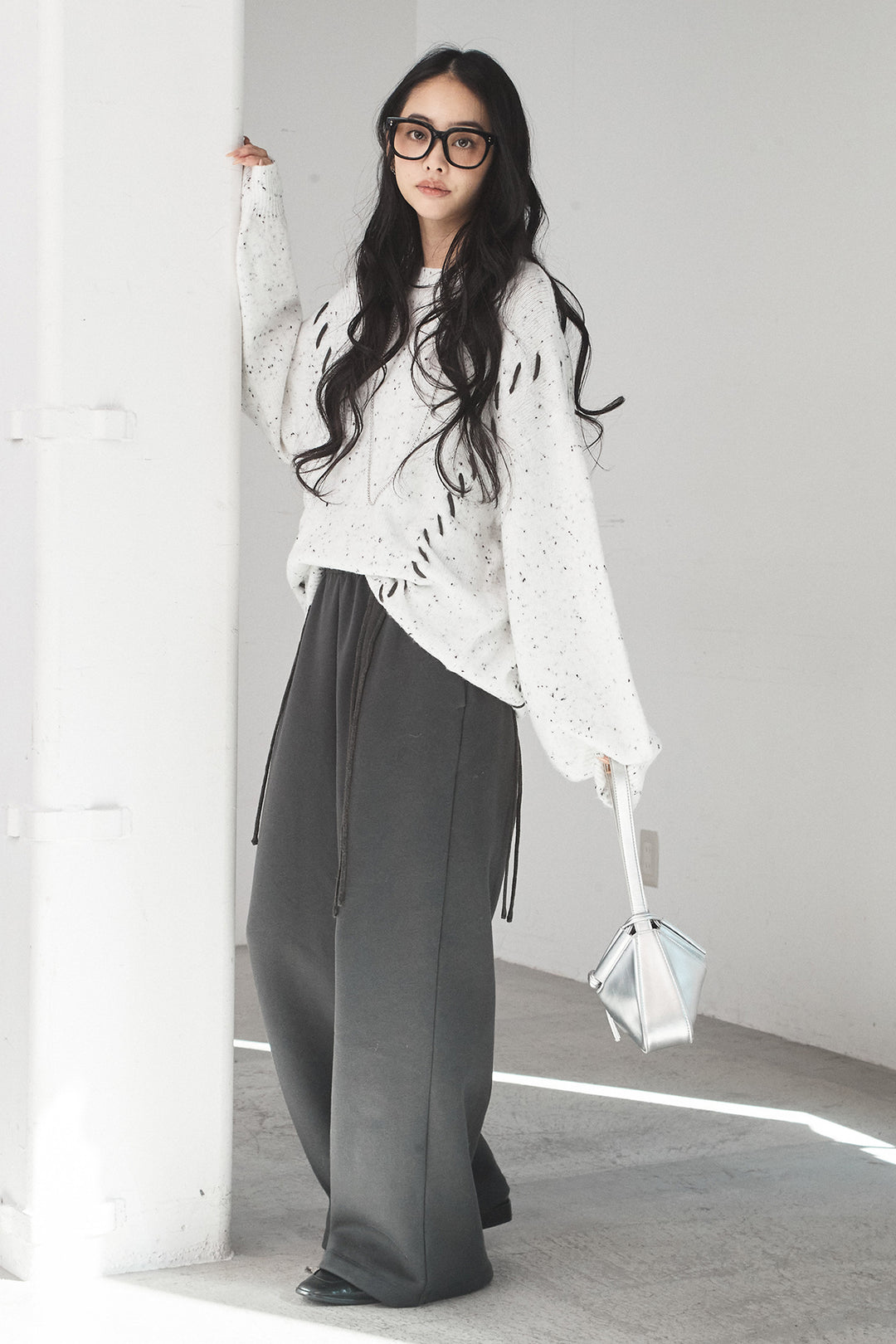 [SET]ネップ編み上げニットトップス+裏起毛スウェットワイドパンツ(2set)