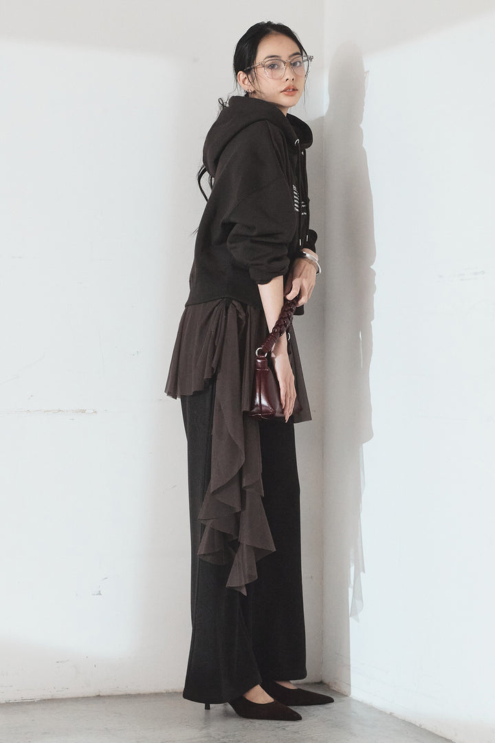 [SET]裏起毛レタリング刺繍フーディショートプルオーバー+チュールレイヤードニットパンツ(2set)