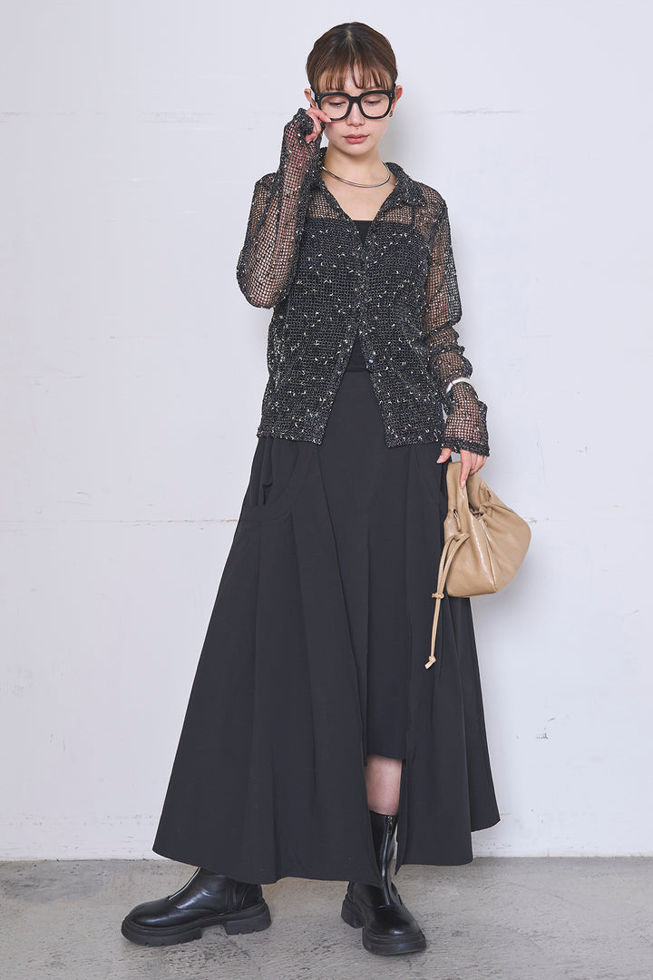 [SET]ネップメッシュポロ襟カーディガン+ラップレイヤードアシンメトリーデザインスカート(2set)