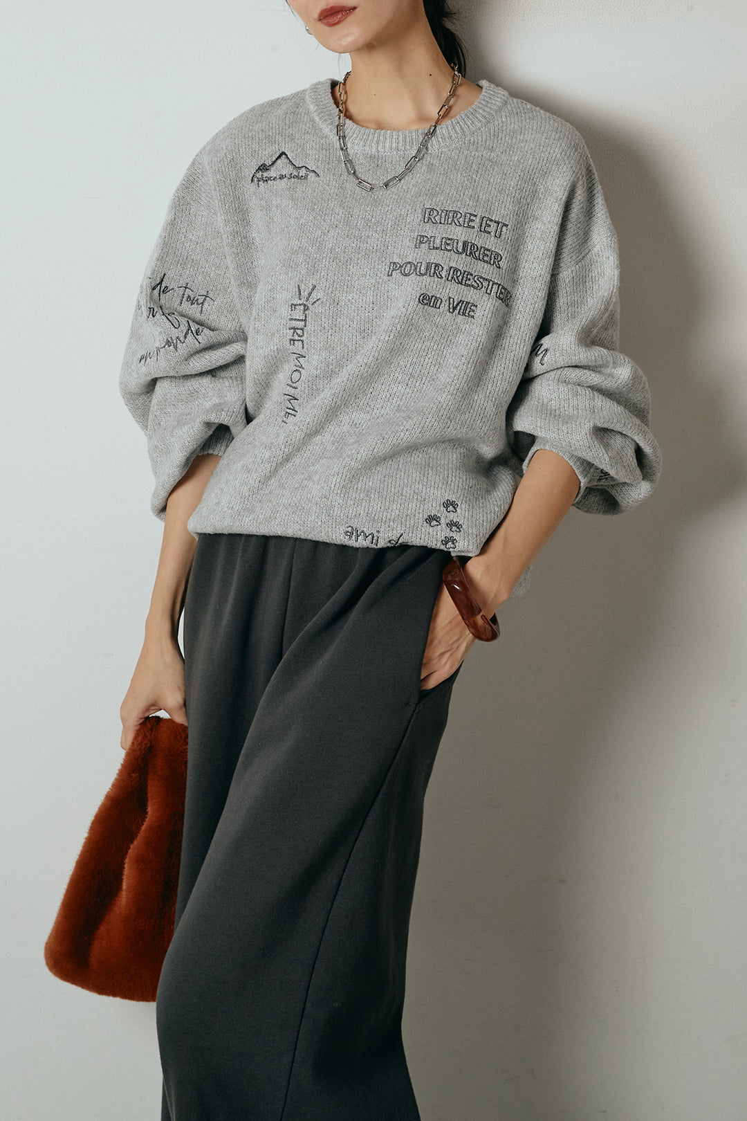 [SET]刺繍ロゴランダムデザインニットトップス+裏起毛スウェットワイドパンツ(2set)