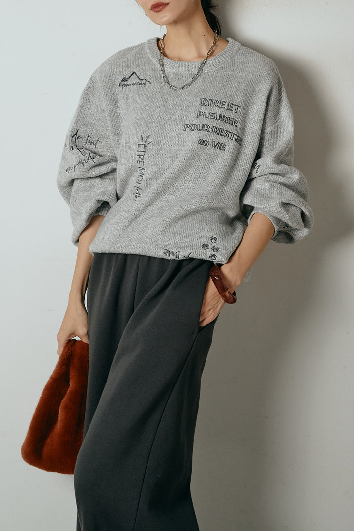 [SET]刺繍ロゴランダムデザインニットトップス+裏起毛スウェットワイドパンツ(2set)