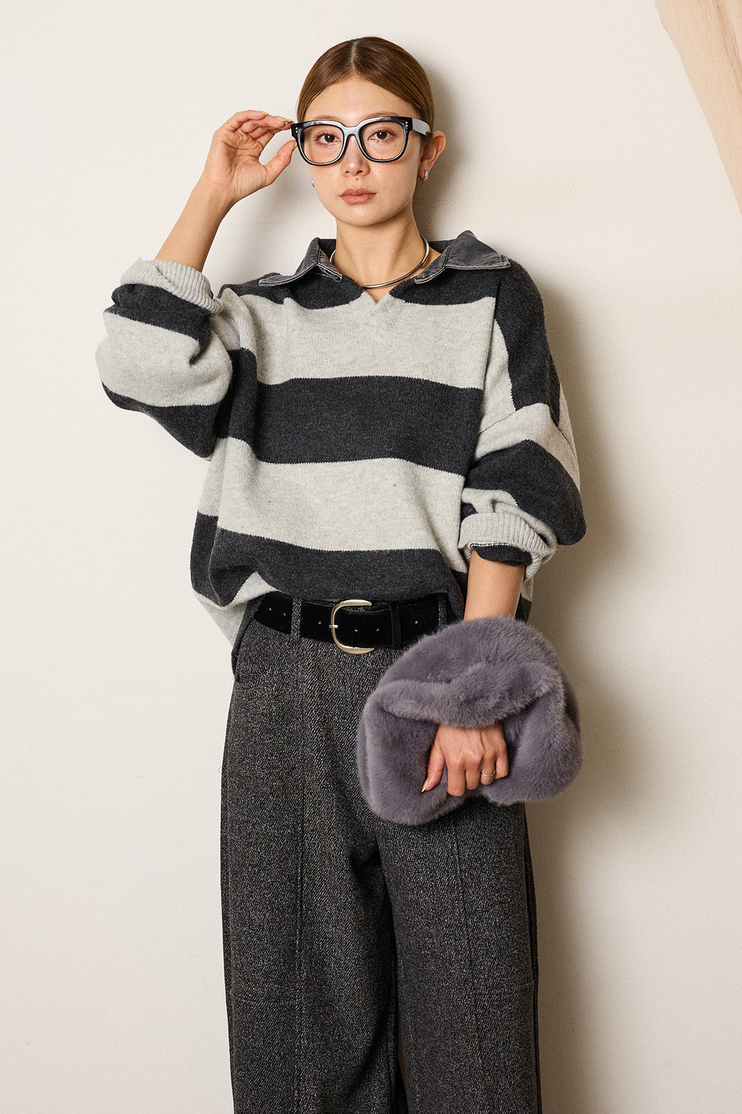 [SET]デニムカラーボーダールーズニット+太ベルト付きツイードワイドパンツ(2set)