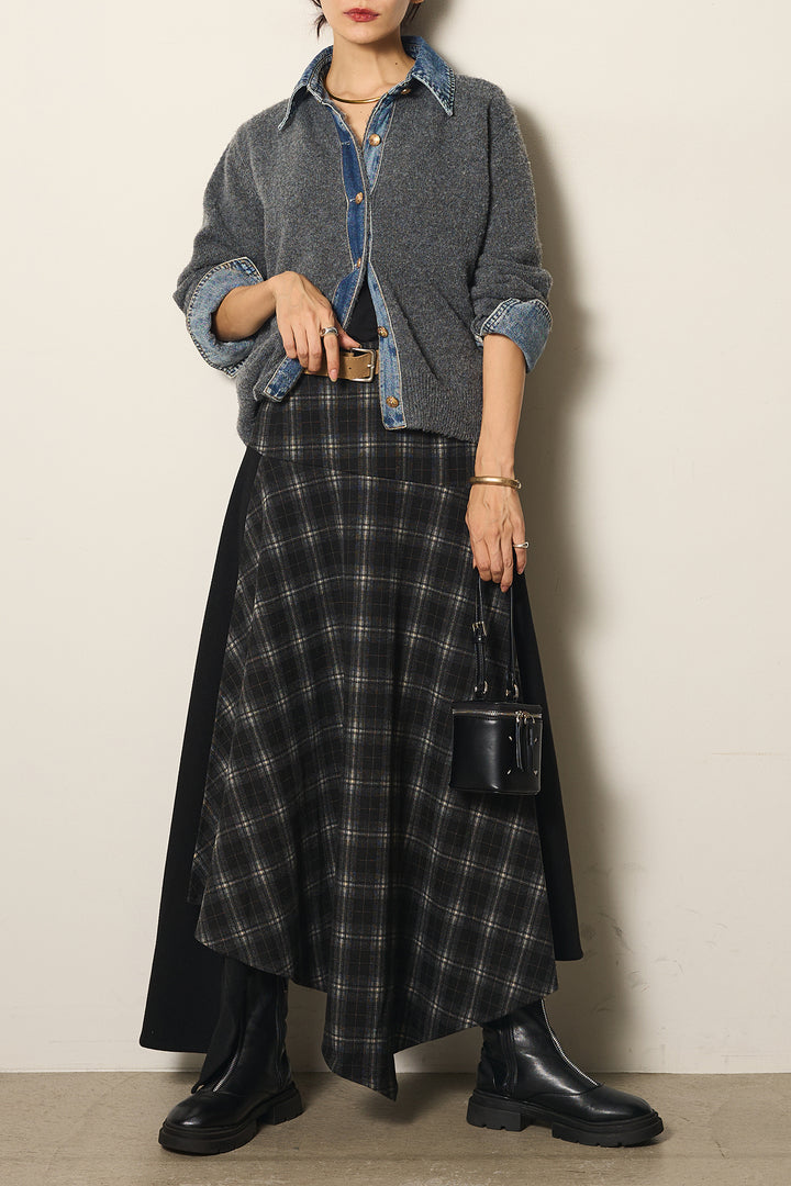 [SET]ニットドッキングデニムシャツ+フェイクレザーサイドベルトワイドパンツ+フェイクレザーベルト付き切り替えタータンチェックスカート(3set)
