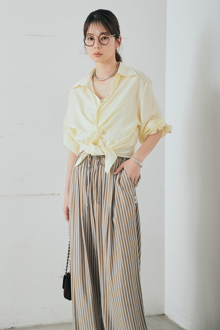 [SET]裾巻きツイストデザインシャツ+レーヨンストライプイージーワイドパンツ(2set)