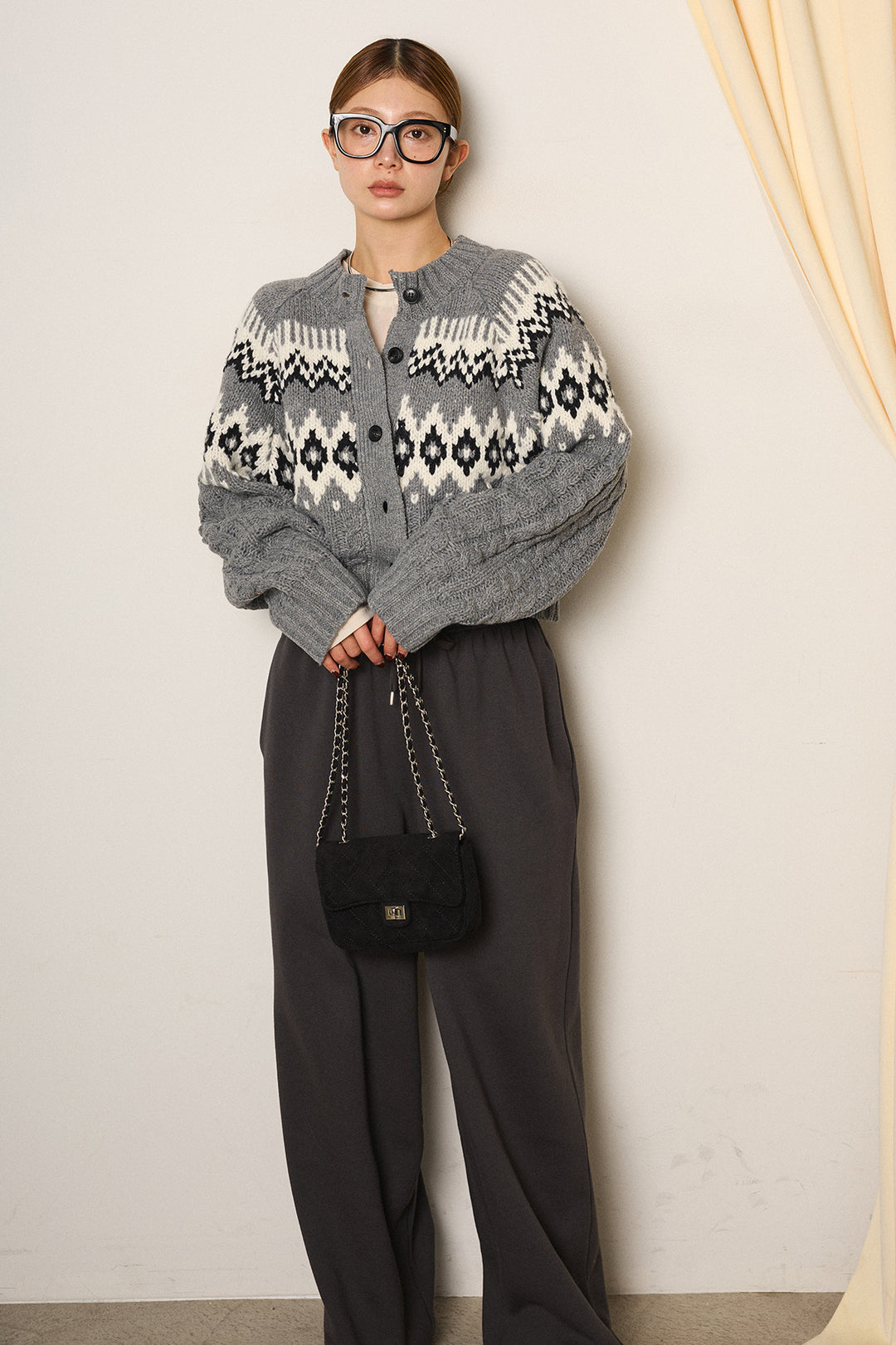 [SET]2WAY求心柄ジャガードショートカーディガン+裏起毛スウェットワイドパンツ+2WAY袖コード刺繍クルーネックプルオーバー(3set)