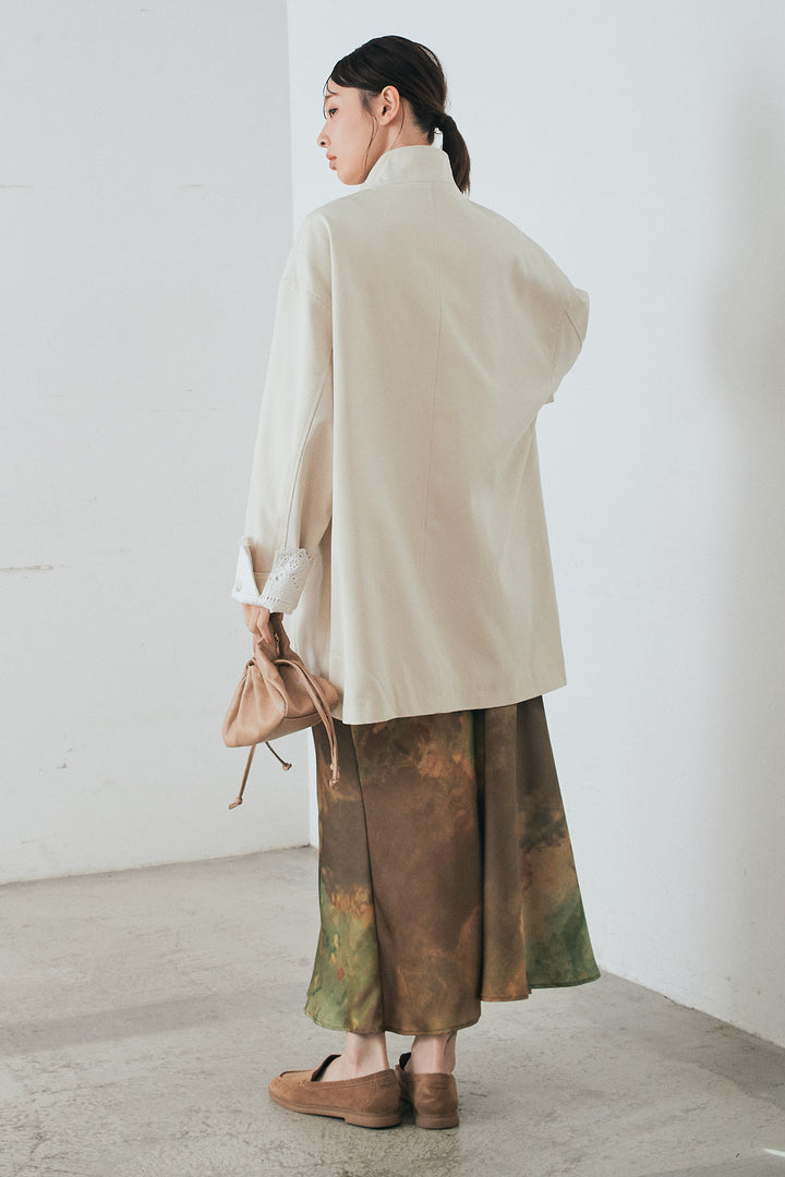 [SET]袖折り返しレースデザインアウター+ニュアンス柄サテンスカート(2set)