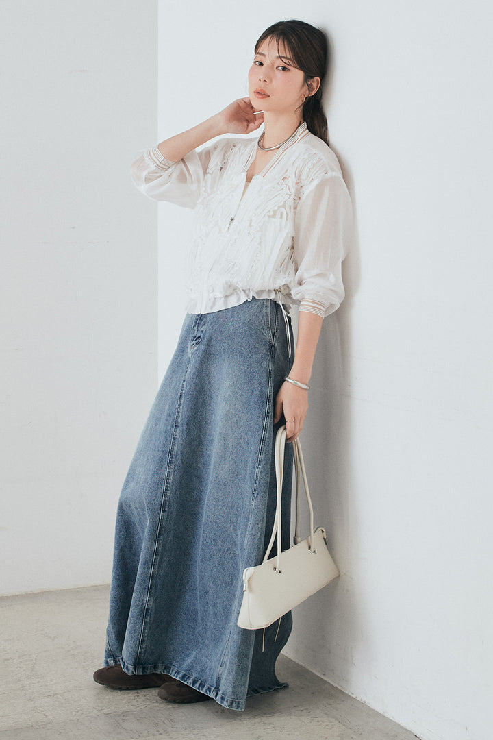 [SET]モチーフ付きシアーブルゾン+デニムロングフレアスカート(2set)