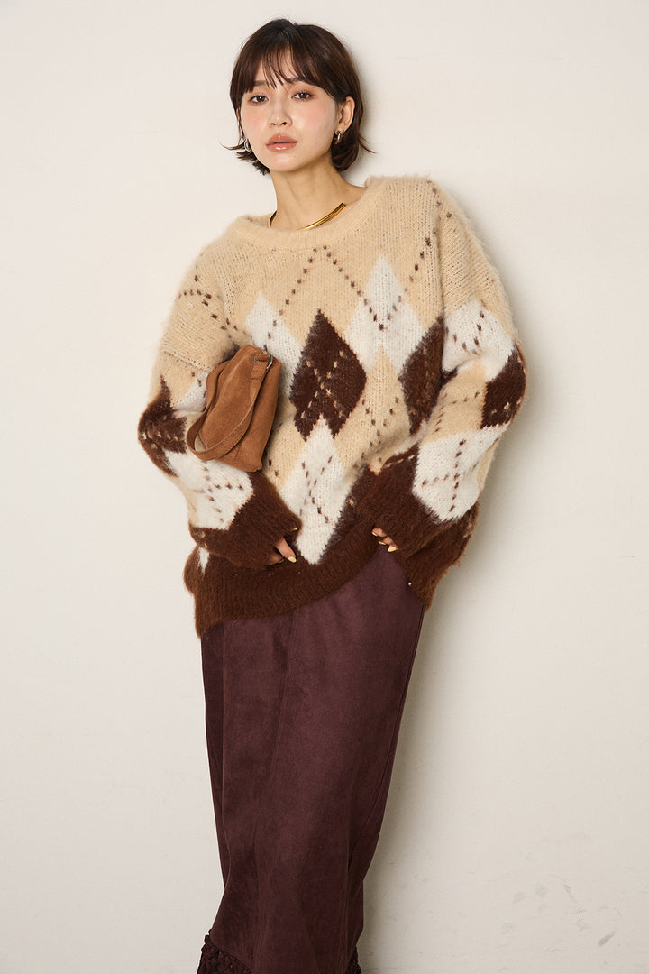 [SET]配色アーガイル柄ニットトップス+スウェードライク裾フリンジスカート(2set)