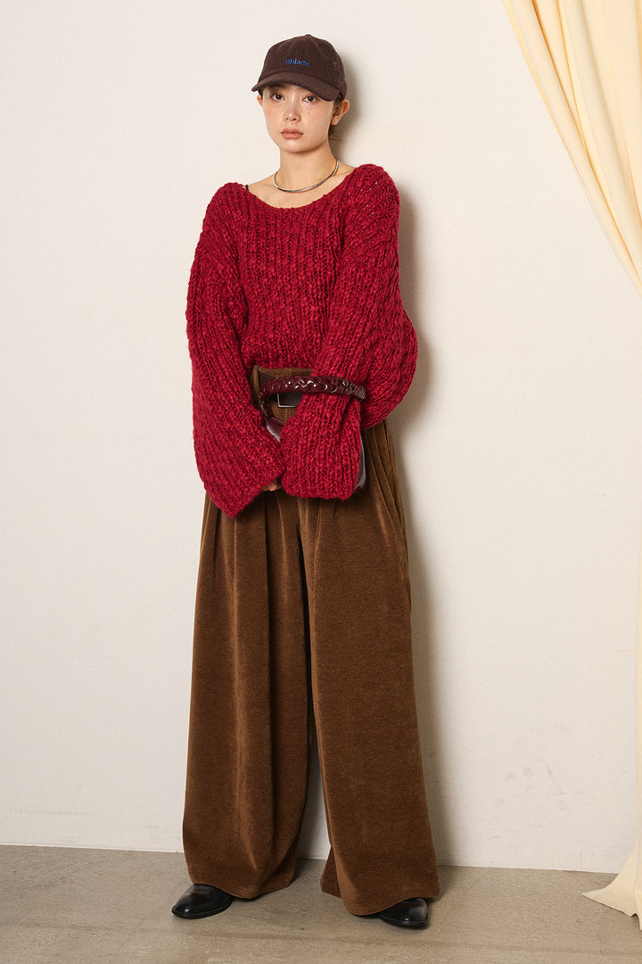 [SET]チャンキースラブニットクロップドプルオーバー+ベルトループコーデュロイワイドパンツ(2set)