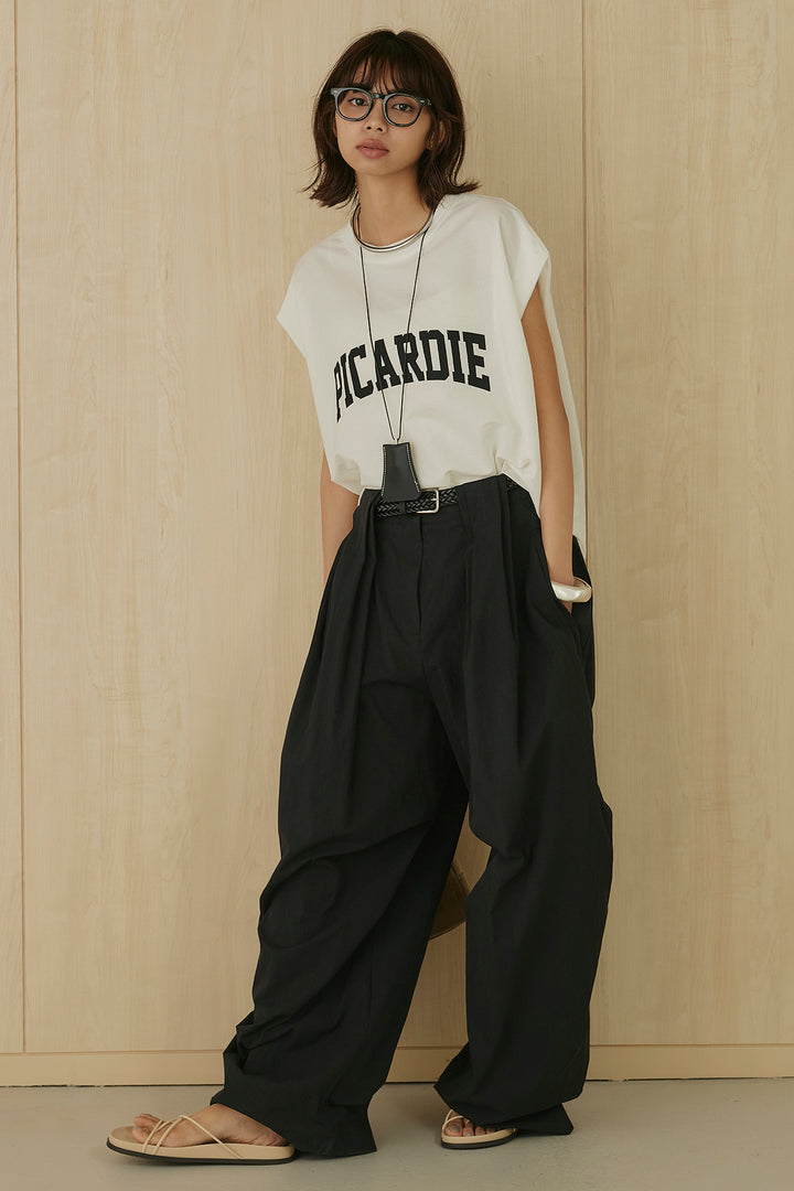 [SET]接触冷感ラウンドヘムプリントプルオーバー+ニーサイドタックボリュームカーブパンツ(2set)