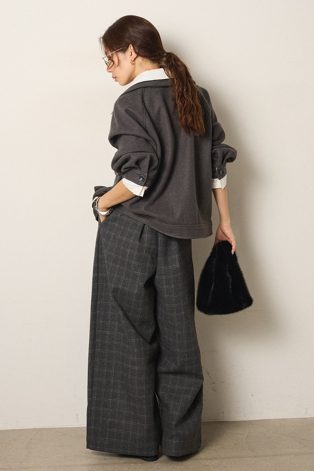 [SET]衿レイヤードフェイクウールジャケット+ウールライクチェックタックパンツ(2set)