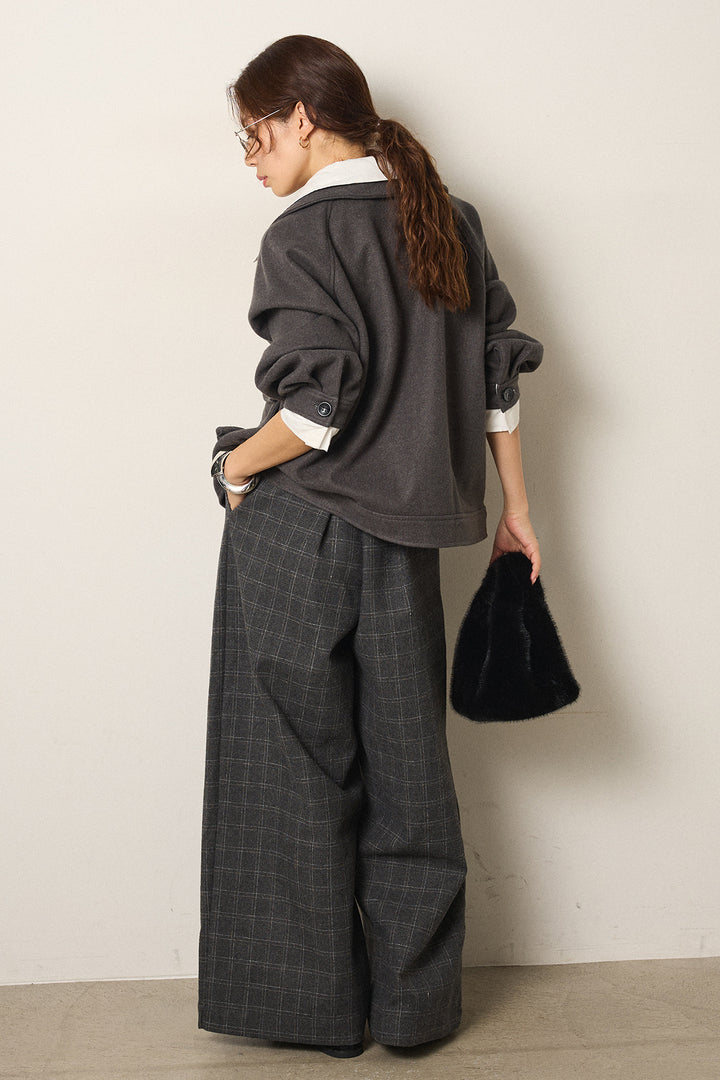 [SET]衿レイヤードフェイクウールジャケット+ウールライクチェックタックパンツ(2set)