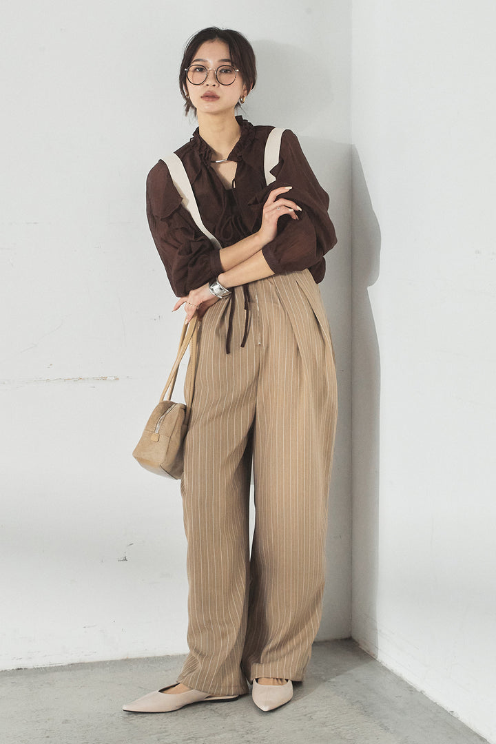 [SET]フロントリボンフリルブラウス+ピンストライプツータックサロペット(2set)