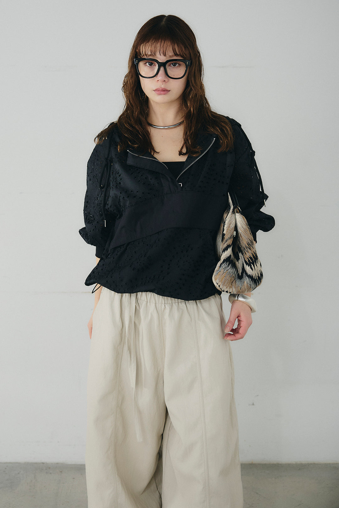 [SET]レースハーフジップアップフーディー+フェイクレザーカーブワイドパンツ(2set)