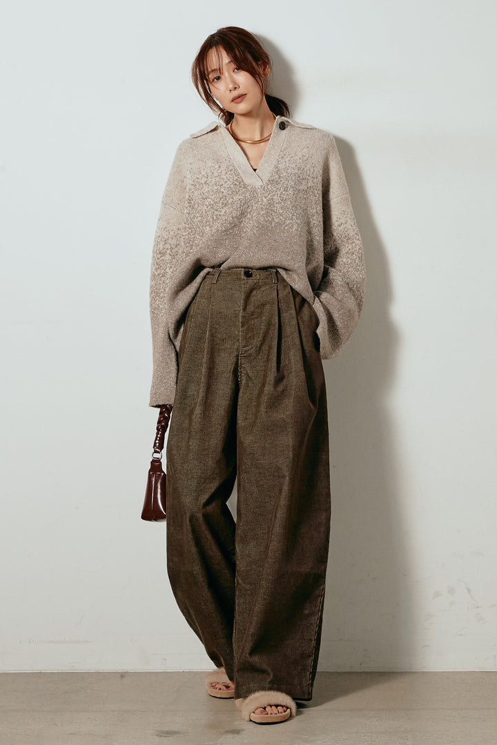 [SET]グラデーションラメニットキーネックプルオーバー+フロントタック入りコーデュロイパンツ(2set)