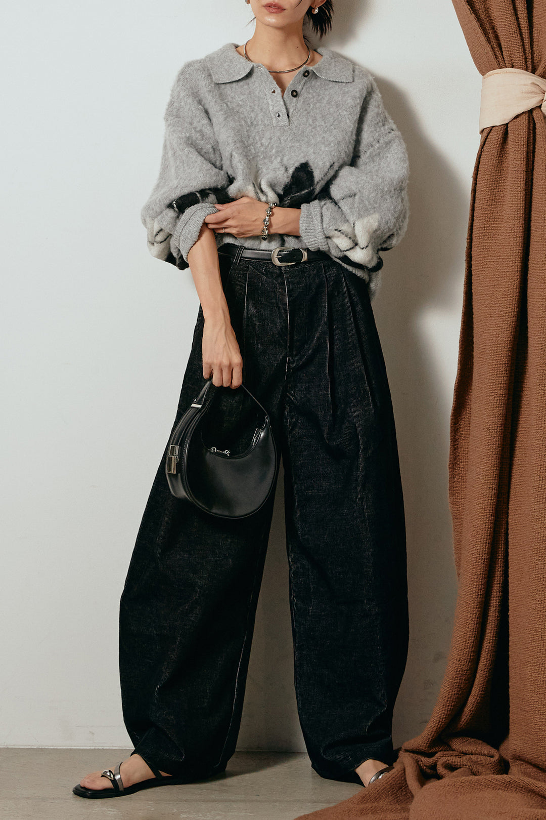 [SET]アーガイル柄ポロニットトップス+フロントタック入りコーデュロイパンツ(2set)