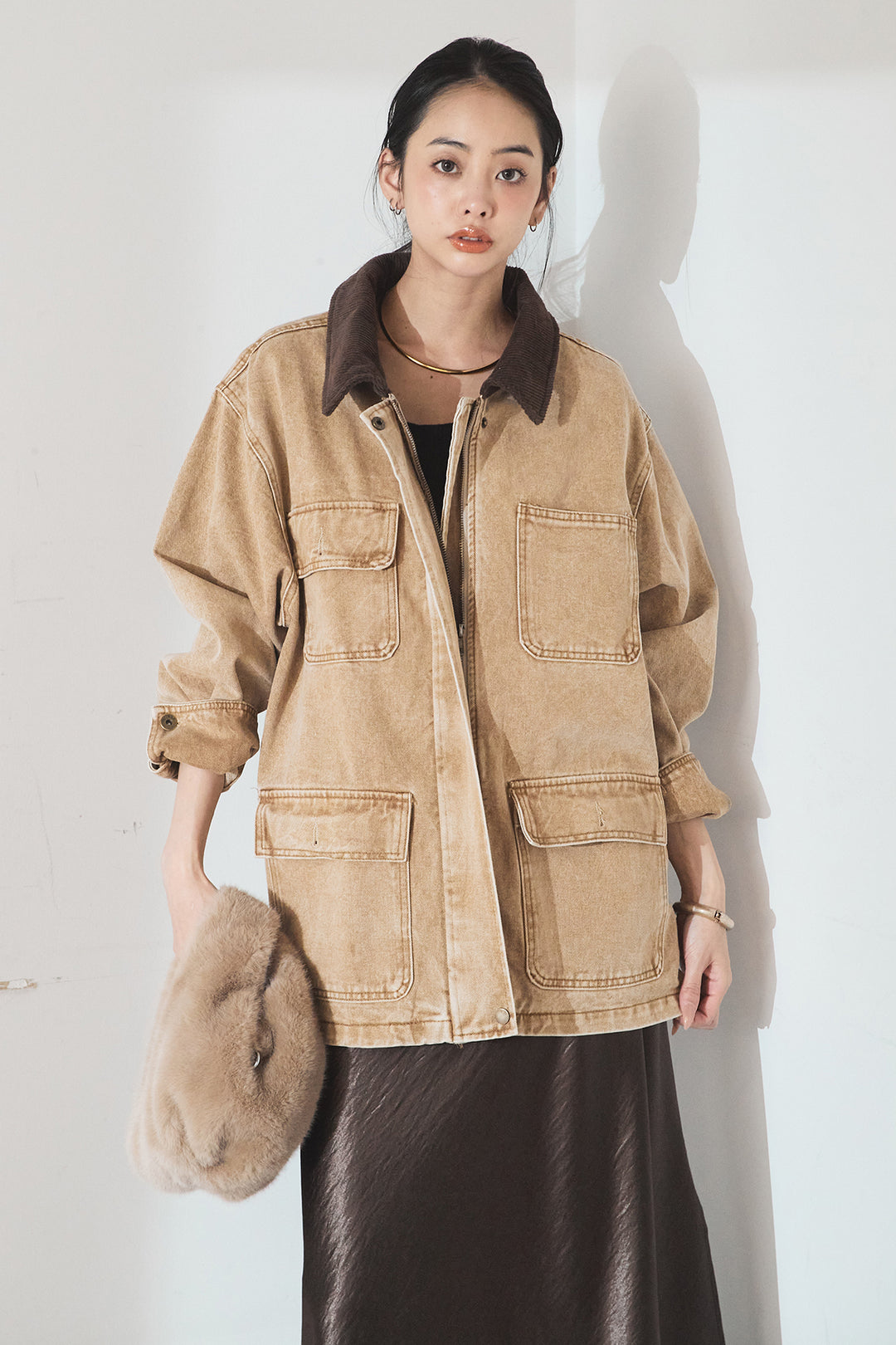 [SET]襟コーデュロイジップデニム調カバーオール+裾レースデザインサテンスカート(2set)