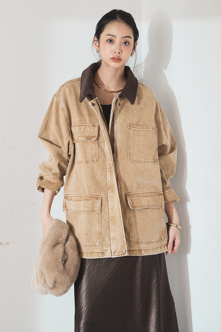 [SET]襟コーデュロイジップデニム調カバーオール+裾レースデザインサテンスカート(2set)