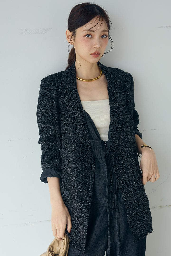[SET]スラブネップツイードフリンジテーラードジャケット+デニムペプラムコンビネゾン(2set)