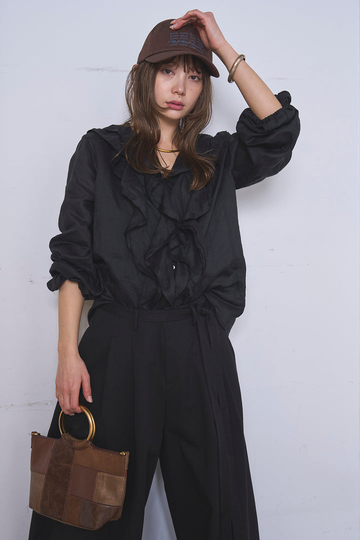 [SET]フリルボタンブラウス+紐ベルト付きカーブワイドパンツ(2set)